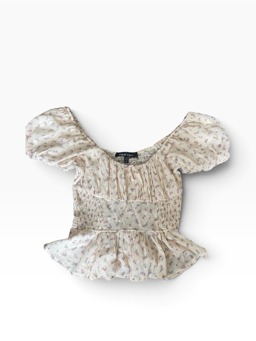 Cream Top with Pink Floral Print and Puff Sleeves